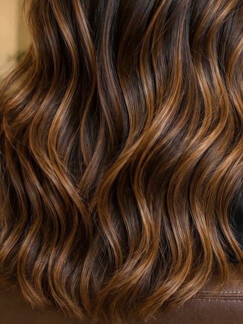 Close crop on hand-painted caramel mid-lengths, with no foil lines