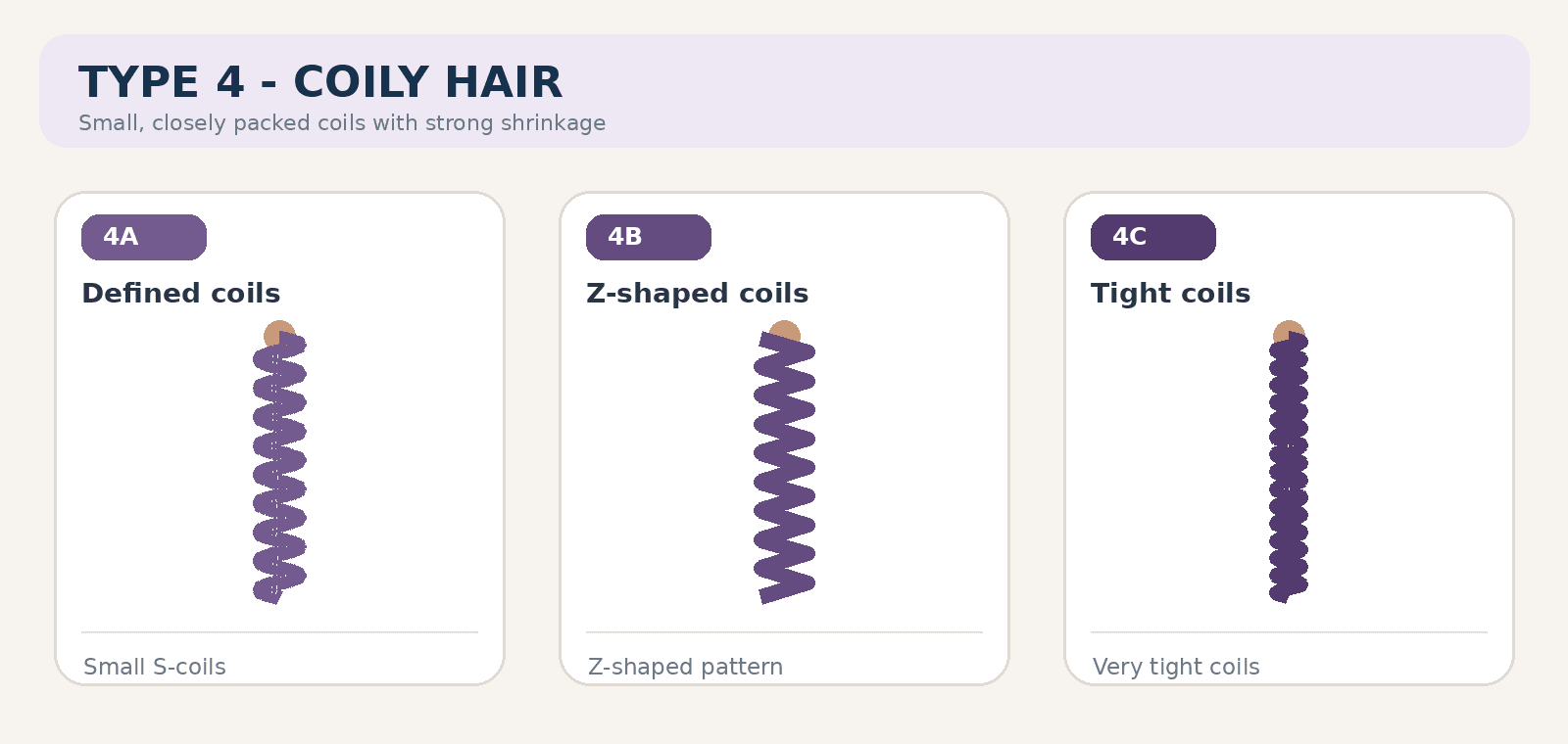 Type 4 coily hair — subtypes 4A defined coils, 4B Z-shaped coils, 4C tight coils
