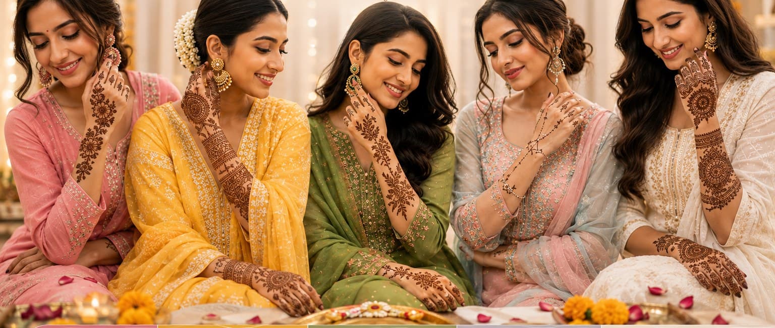 Five festive outfits — pink, yellow, green, pastel and ivory — each with a matching mehendi style