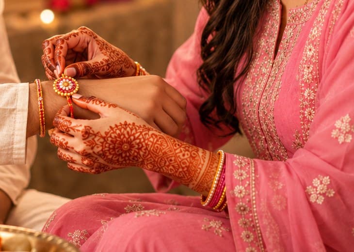 Hennaed hands tying a rakhi