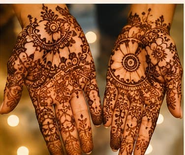 Two palms with a detailed mehendi design that leaves skin bare between the motifs