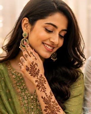 A green outfit with leafy, botanical mehendi