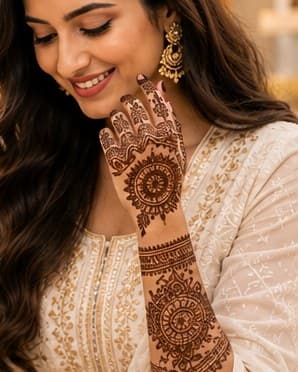An ivory outfit with a detailed statement mehendi design
