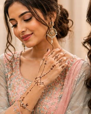 A pastel outfit with fine-line mehendi tracing the fingers