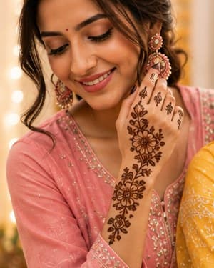 A pink kurta with soft floral mehendi across the hand