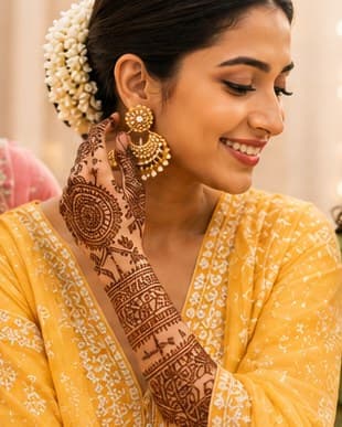 A yellow outfit with dense traditional mehendi up the forearm