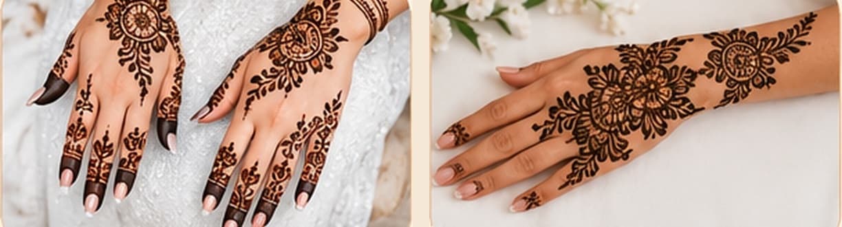 Arabic mehndi — large flowers and leafy vines with plenty of open skin