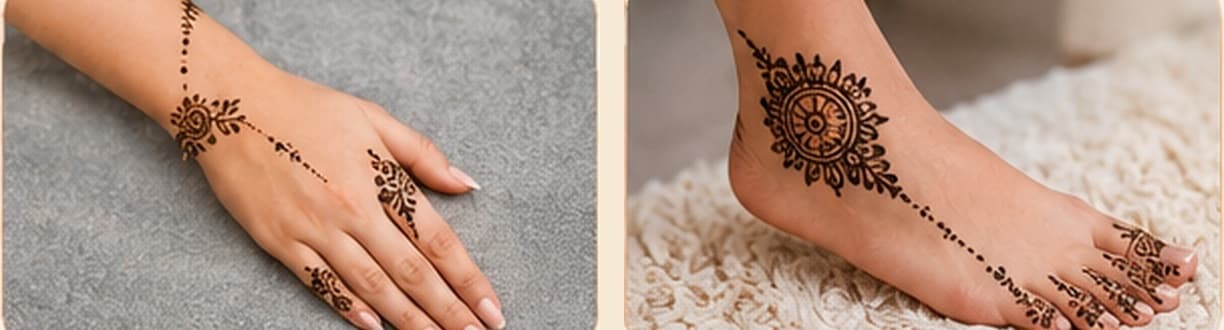 Minimalist mehndi — small motifs and fine lines on the hand and foot