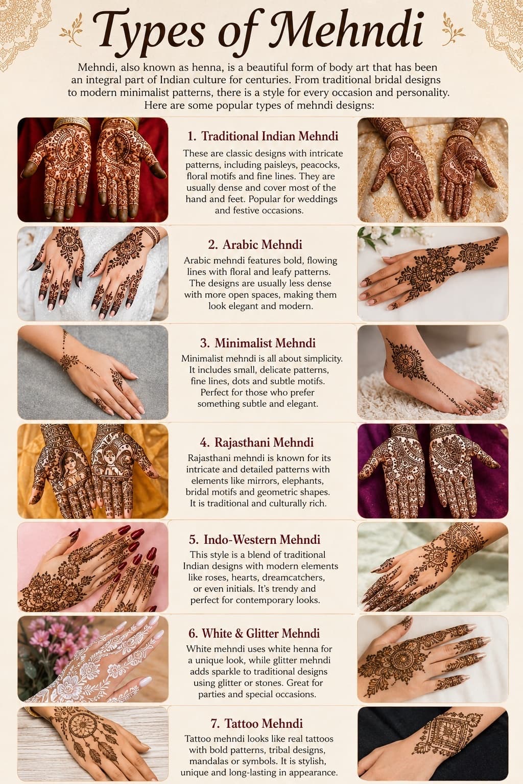 Types of mehndi — full visual guide covering traditional Indian, Arabic, minimalist, Rajasthani, Indo-Western, white and glitter, and tattoo mehndi