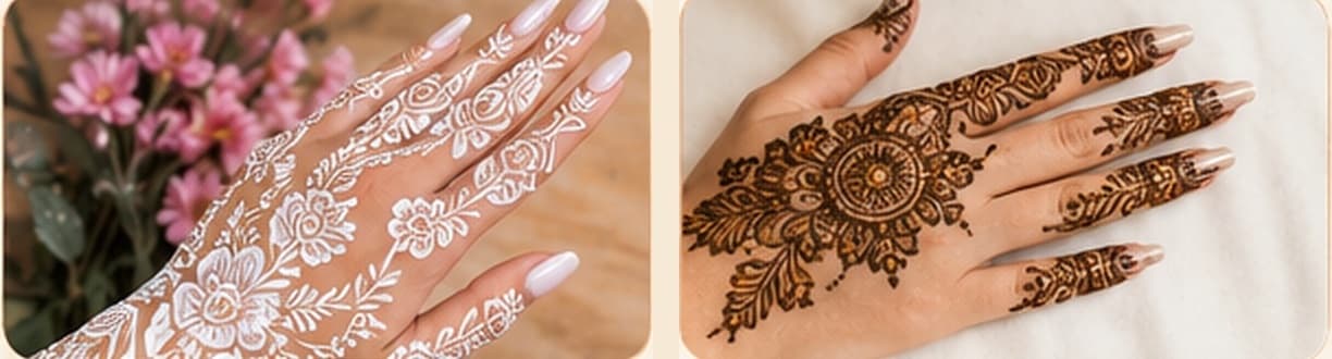 White and glitter mehndi — bright white lace-like detailing on the hand