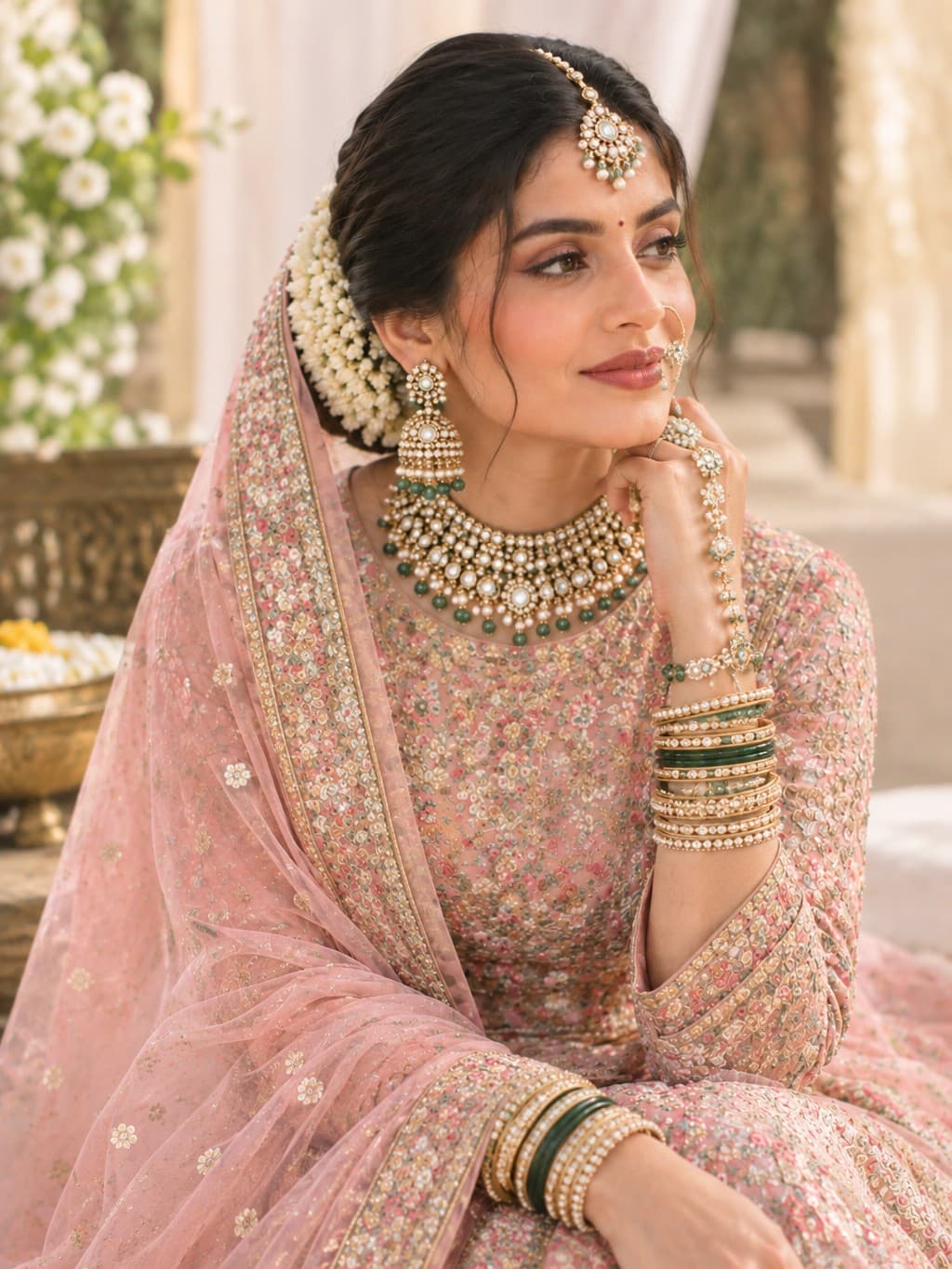 A bride in a pink lehenga in soft outdoor daylight