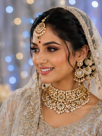 A winter bride in ivory against soft indoor lights