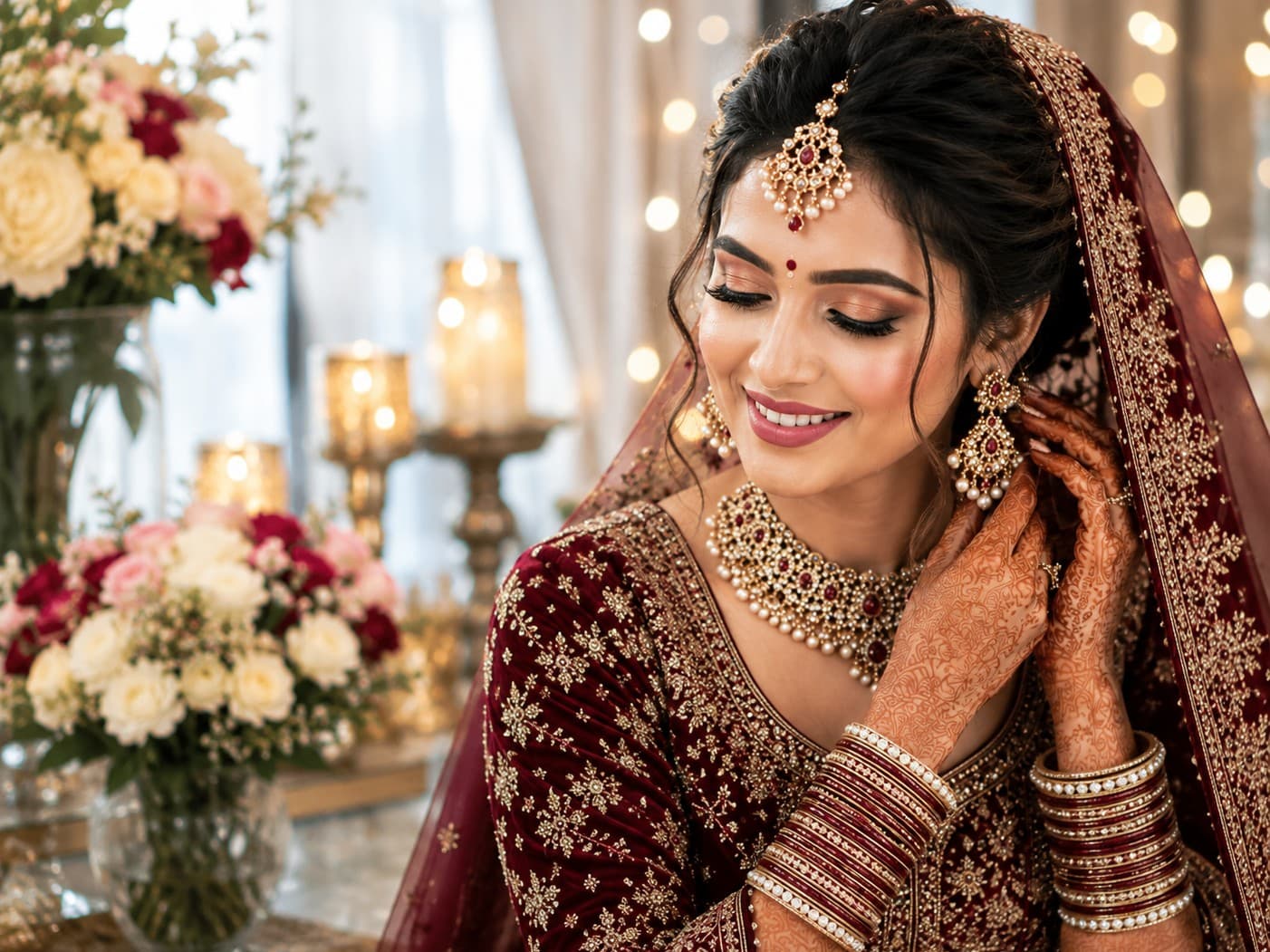 A bride in deep maroon velvet in warm candlelight