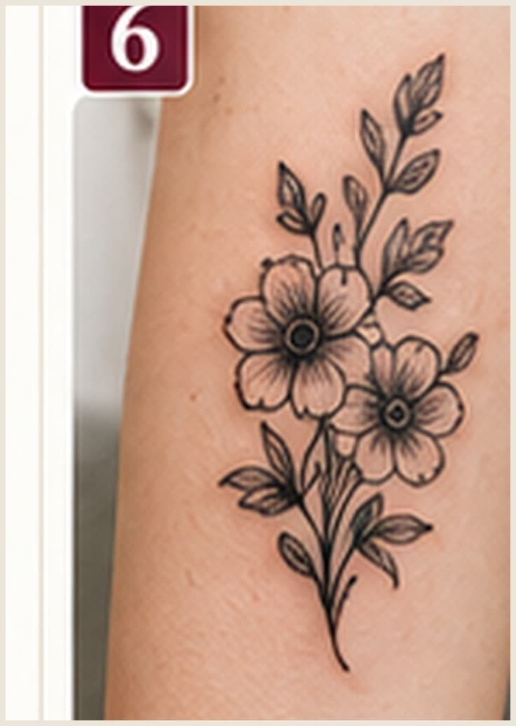 Fine-line tattoo — delicate botanical flowers on the forearm