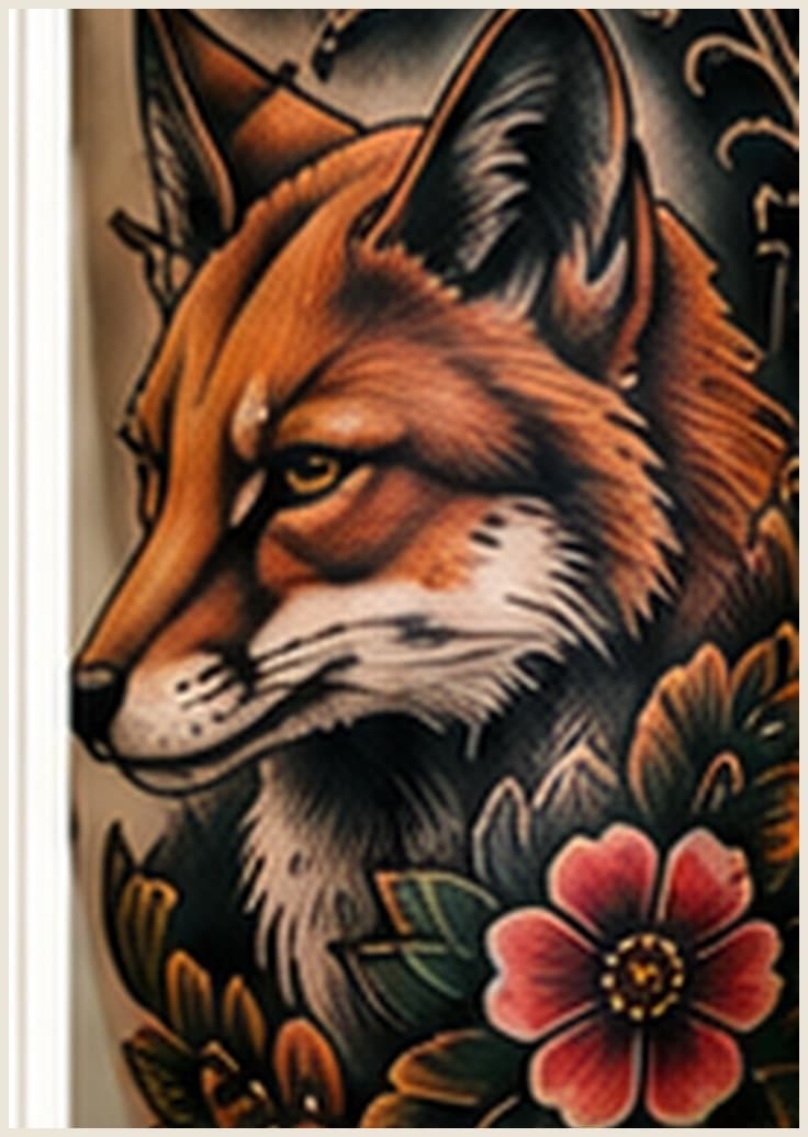 Neo-traditional tattoo — richly coloured fox with decorative flowers
