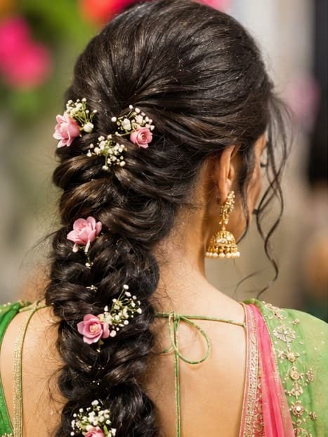 A long braid dressed with roses and baby’s breath