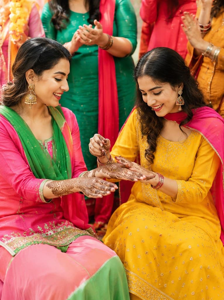 A mehendi artist applying a design to a guest at a Teej gathering