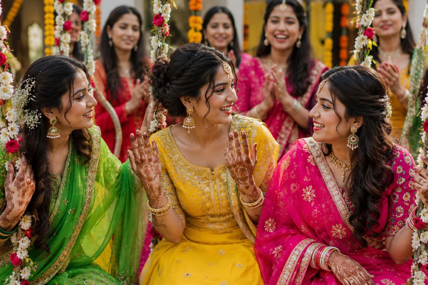 Three women in festive colours on a flower-decked swing at Teej
