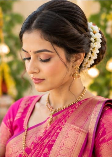 A bride with a centre parting and a matha patti