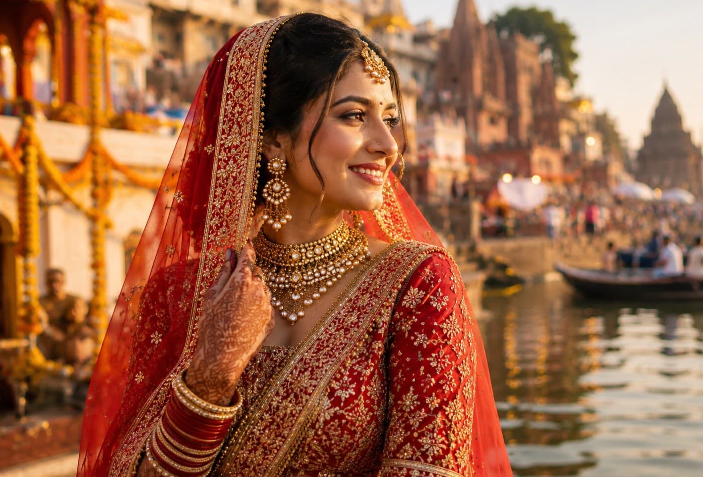 A bride on the ghats of Varanasi at golden hour