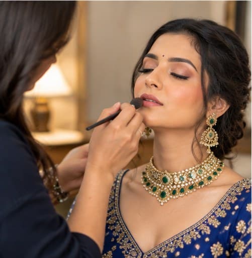 A makeup artist working on a bride