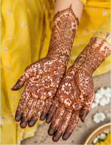 Hands covered in a traditional mehendi design