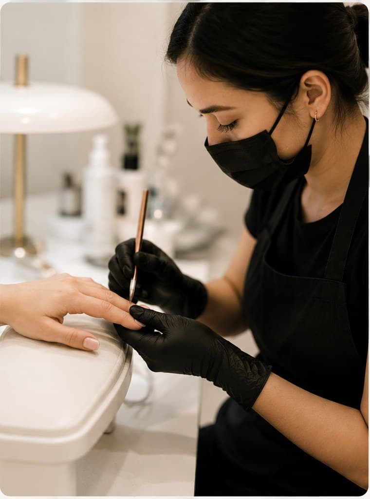 A nail artist applying gel to a client’s nail at a salon workstation